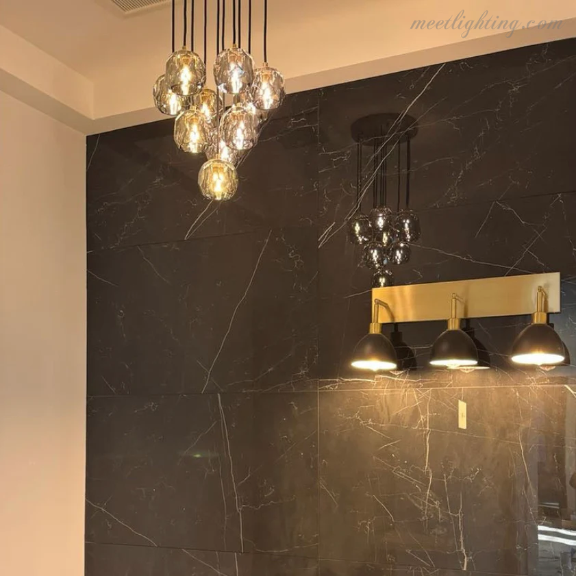 Glas-Cluster-Kronleuchter Ø35 cm Kristallkugeln 10 Lichtquellen Messing Rauchglas Esszimmer Wohnzimmer | Sansoti