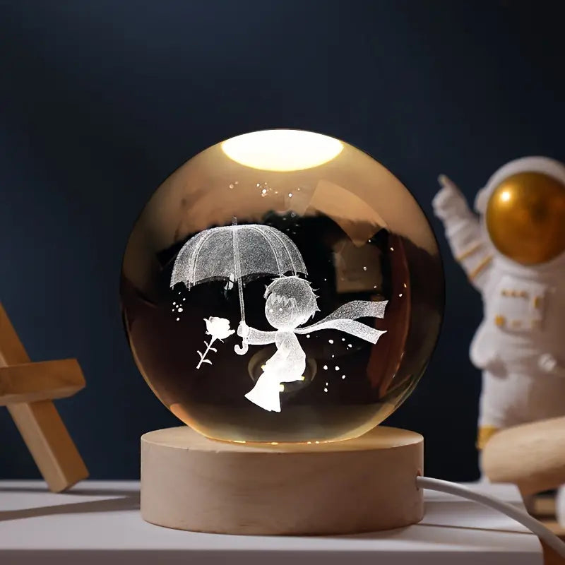 Glazen Bol met LED Verlichting 7cm Kosmos Ontwerp Decoratieve Nachtlamp Houten Standaard USB Sfeerlamp | Sansoti