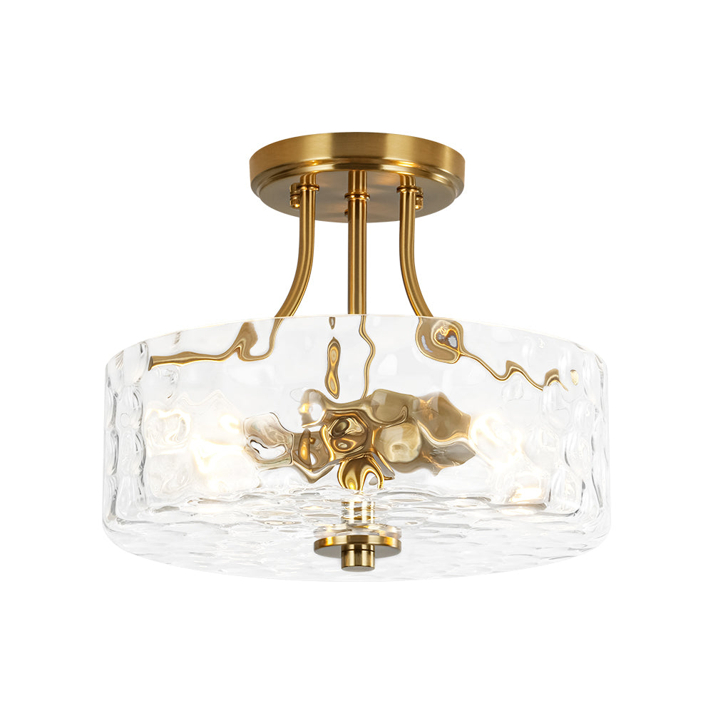 Glas-Deckenleuchte Drum Messing 30cm 2-flammig Hammerschlagglas Wohnzimmer Esszimmer Semi-Flush-Mount Badezimmer Eingang Flur Schlafzimmer | Restfield