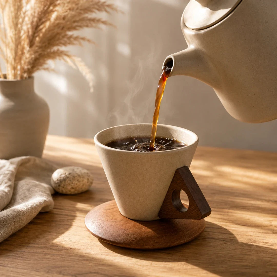 Keramische Koffiefilter met Handvat Acaciahout Pour-Over Dripper Langzame Koffiebereiding 250ml Handmatig | Sansoti