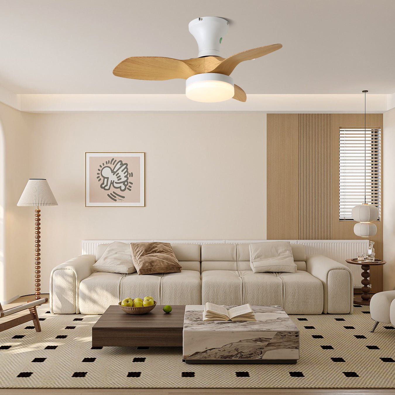 Scandinavian Ceiling Fan with Lighting – Minimalist Fan Lamp in Wood and White | Sansoti