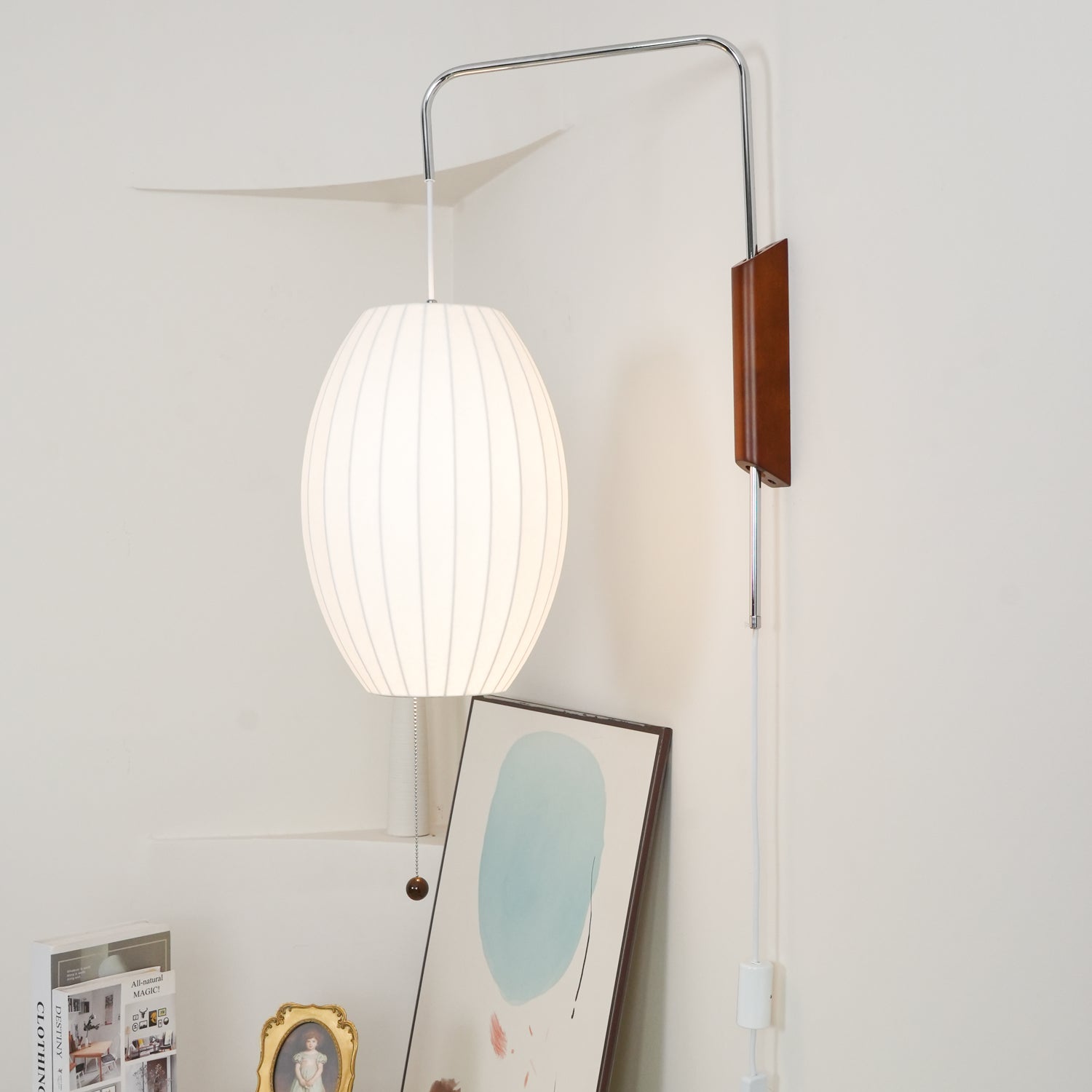 Wandlamp Zijden Kap Walnoot Metaal Wit Woonkamer Slaapkamer | Sansoti