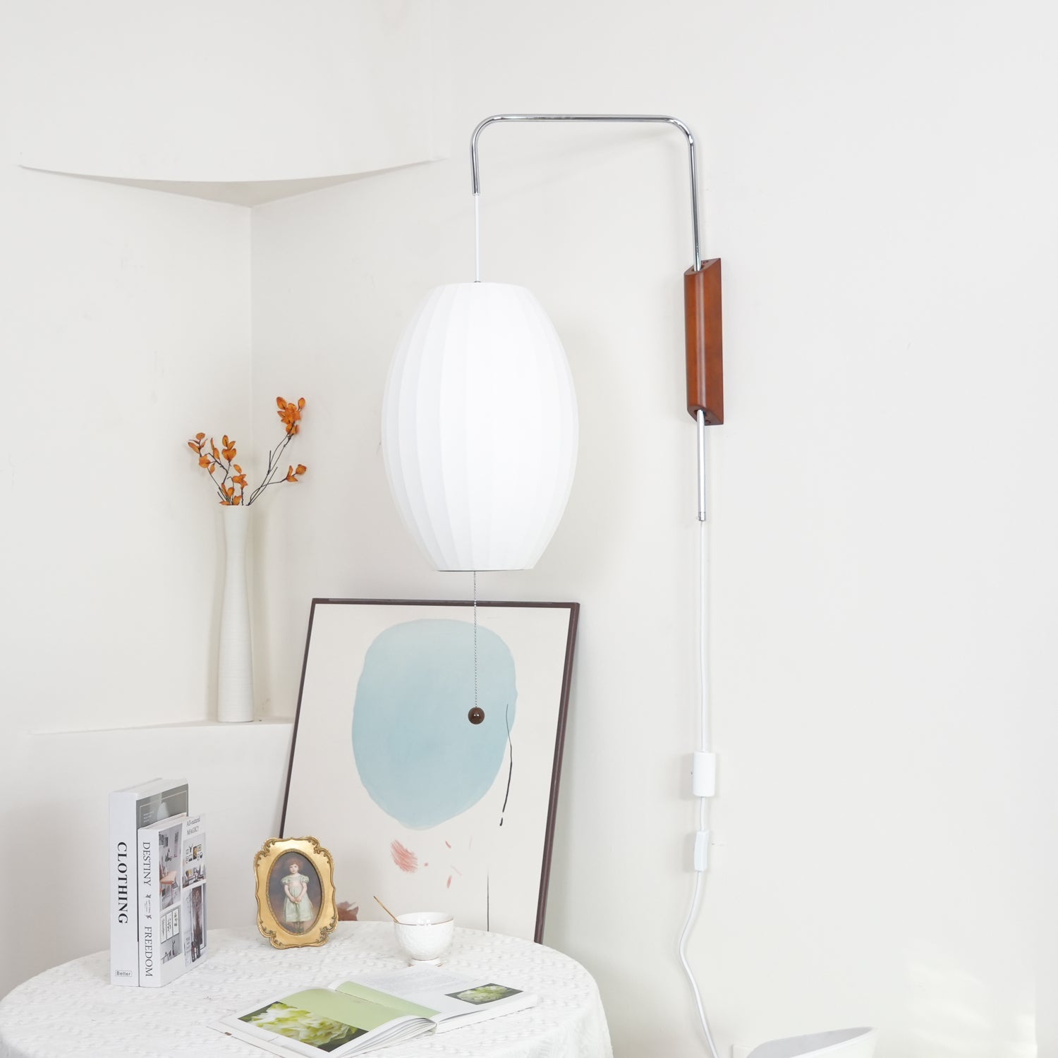 Wandlamp Zijden Kap Walnoot Metaal Wit Woonkamer Slaapkamer | Sansoti