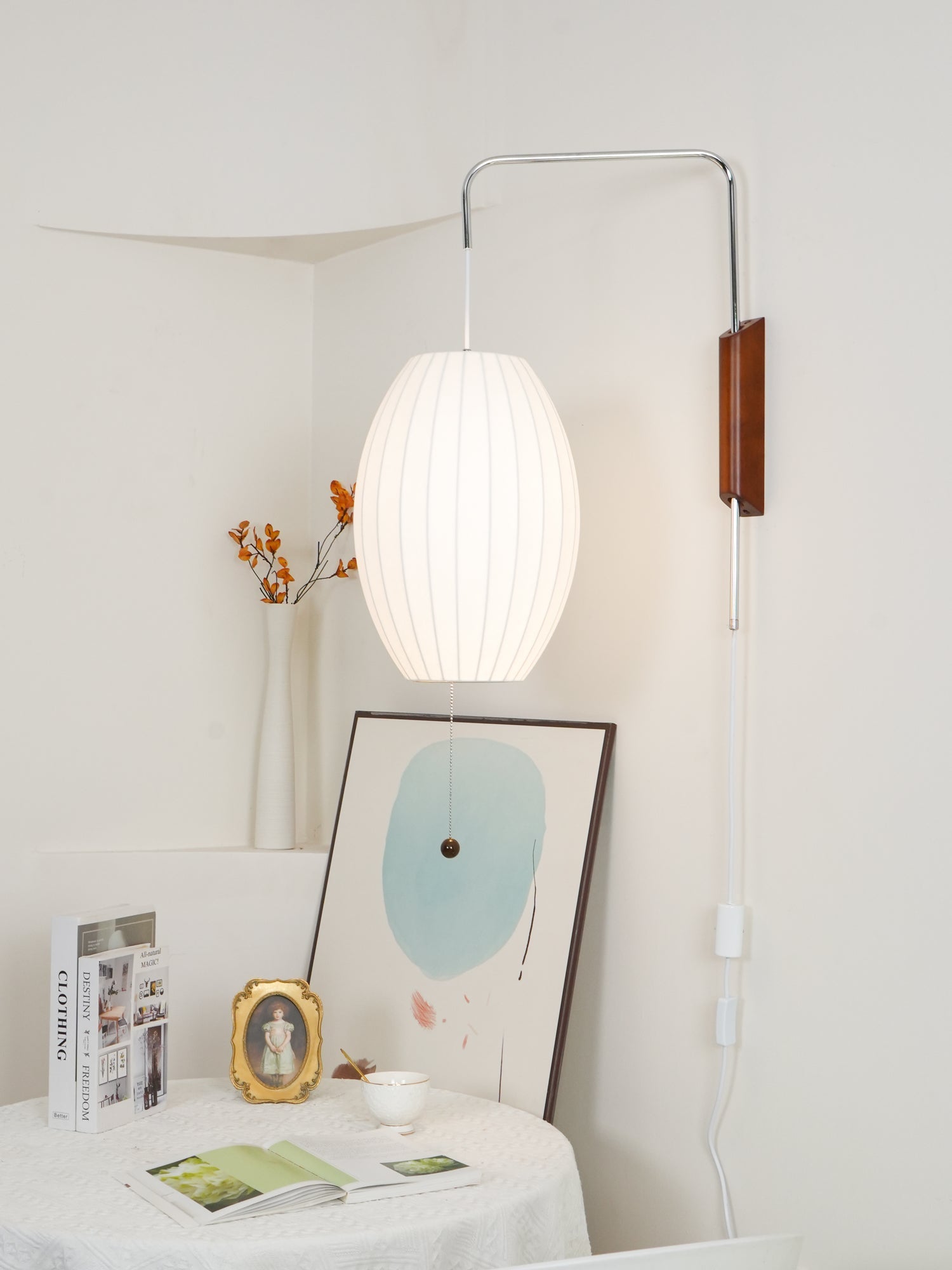Wandlamp Zijden Kap Walnoot Metaal Wit Woonkamer Slaapkamer | Sansoti
