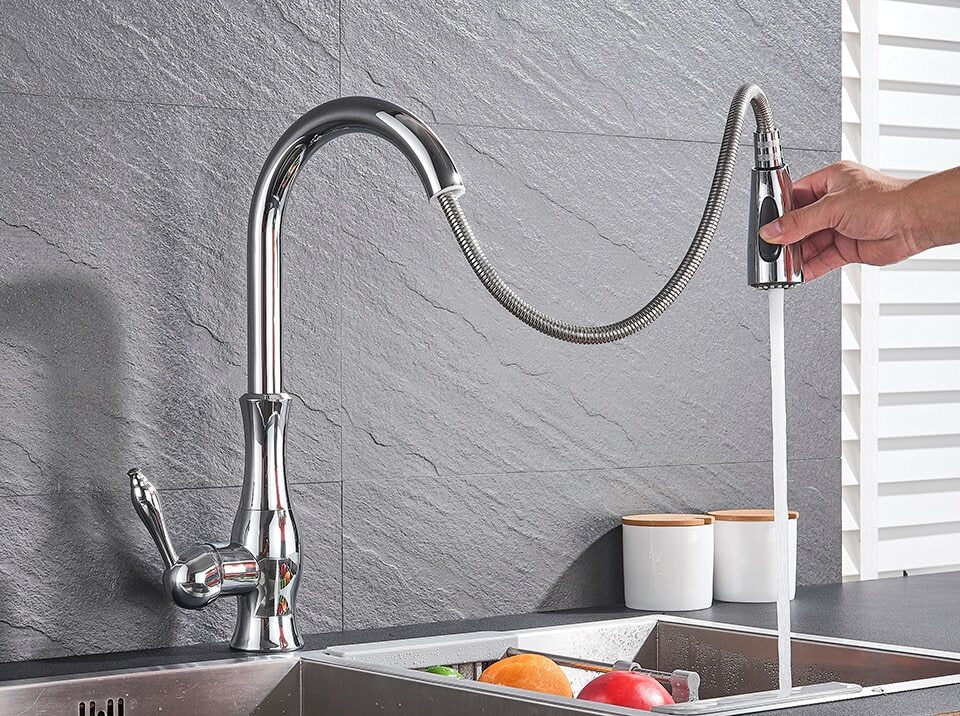 Küchenarmatur Ausziehbarer Brausekopf Einhebel Hochbogen-Mischbatterie Chrom Schwarz Gold Grau Flexibel Küche | Sansoti