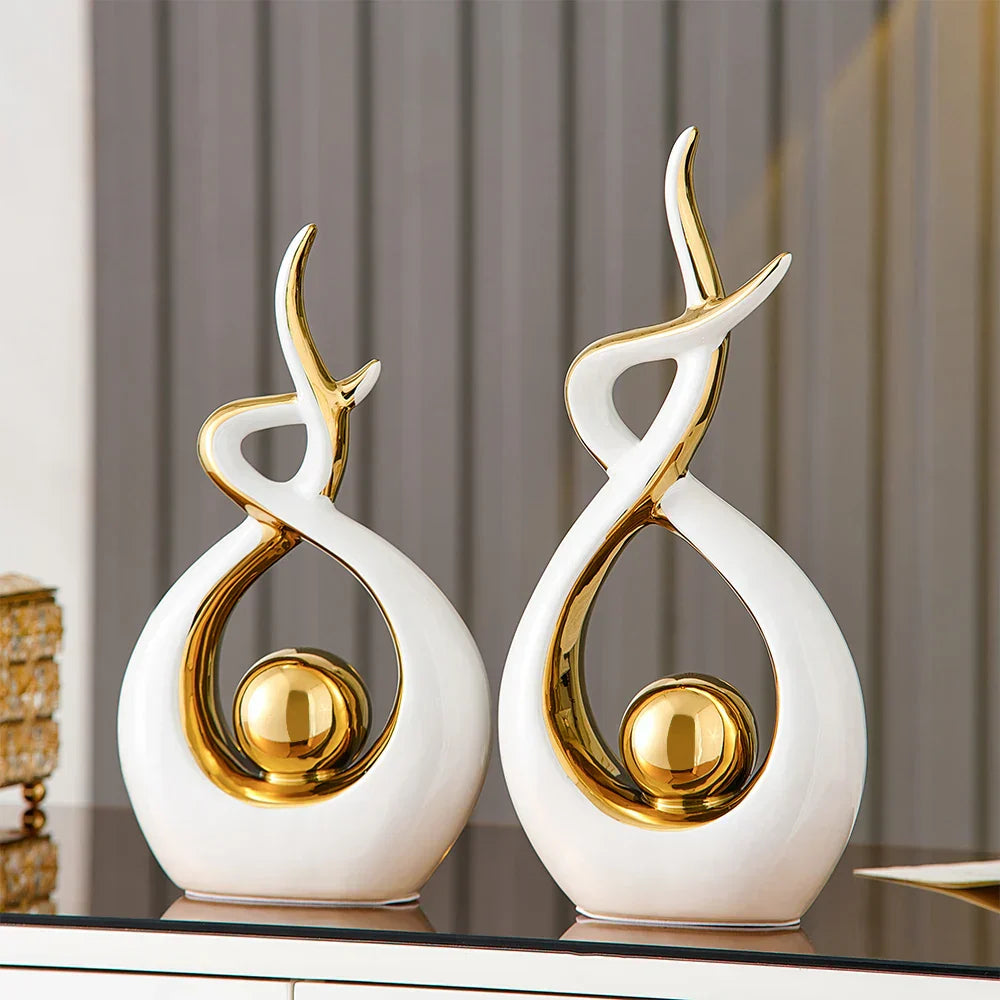 Decoratieve Sculptuur Keramiek Goud Groen Abstract 31cm Woonkamer Tafel Beeld Modern Kunstobject Interieur Decoratie | Sansoti