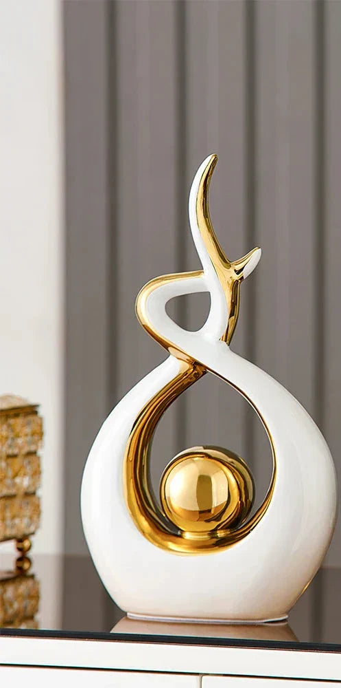 Decoratieve Sculptuur Keramiek Goud Groen Abstract 31cm Woonkamer Tafel Beeld Modern Kunstobject Interieur Decoratie | Sansoti