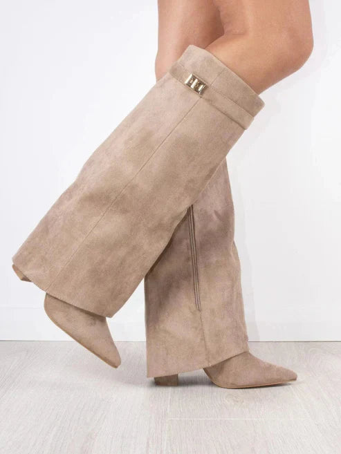 Dames Laarzen met Klapmouw 8,5 cm Blokhak Zacht Gevoerd 42 Zwart Beige Bruin | Sansoti