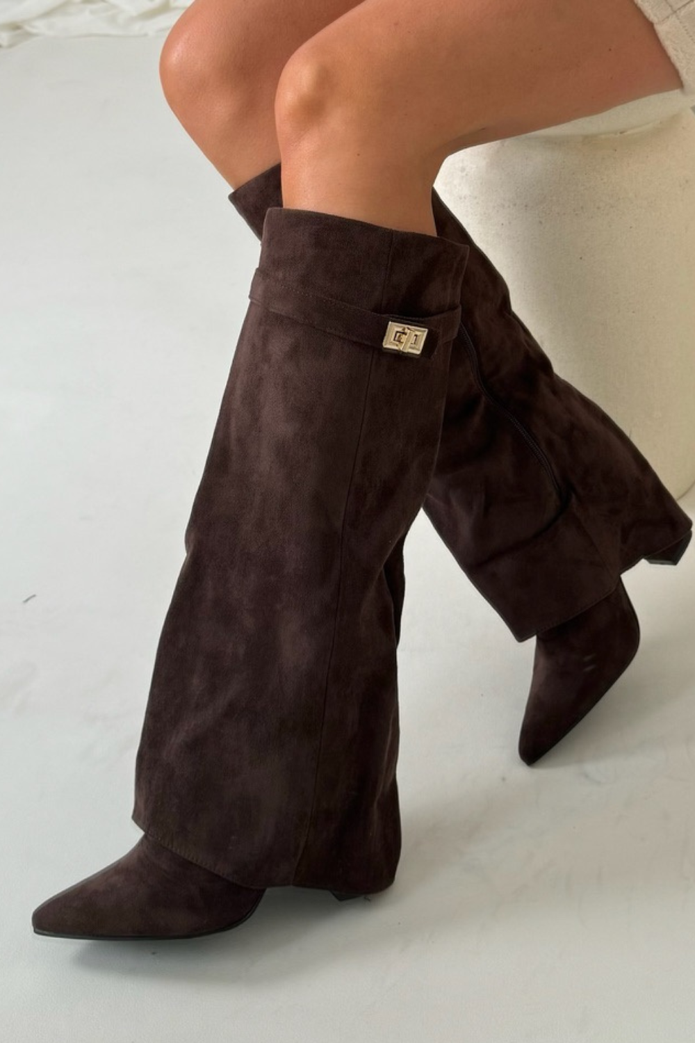 Dames Laarzen met Klapmouw 8,5 cm Blokhak Zacht Gevoerd 42 Zwart Beige Bruin | Sansoti