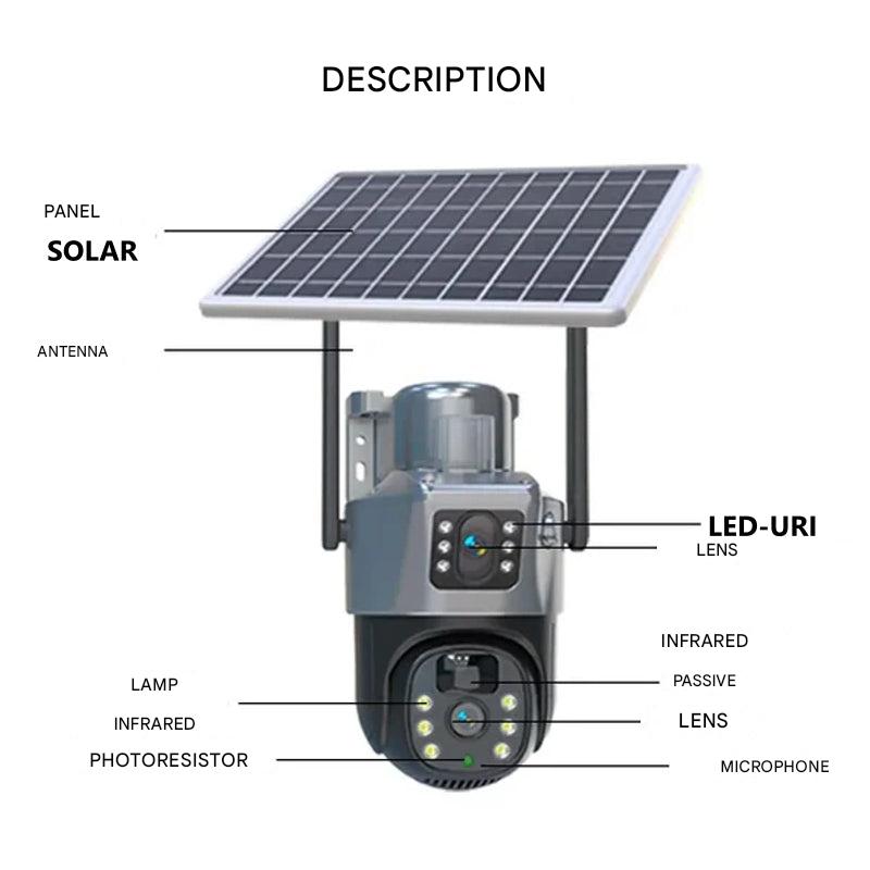 Draadloze Beveiligingscamera met Zonnepaneel 4K Dubbele Lens 10x Zoom 360° Rotatie IP66 Waterdicht Buiten | Sansoti