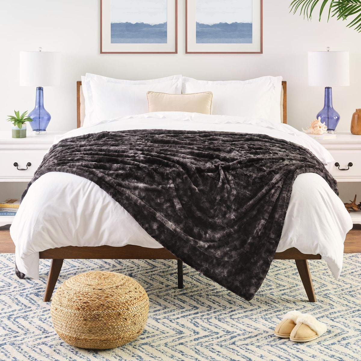 Double-Sided Throw with Wolf Design Faux Fur Luxury Fleece Living Room Bedroom Large Size Decorative | Sansoti