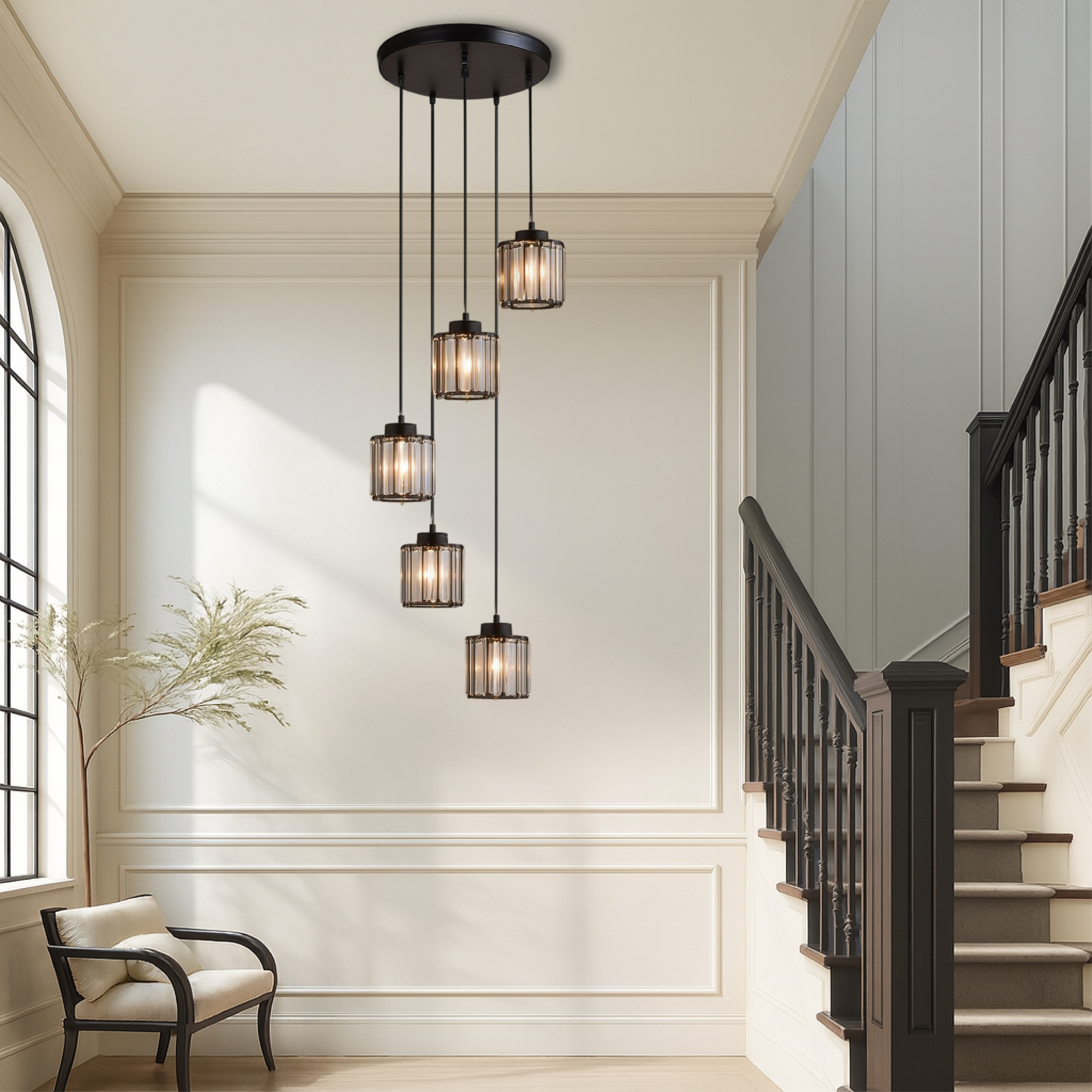 Ida Kristall-Treppenkronleuchter Glas Metall Schwarz Treppenbeleuchtung Foyer Hängeleuchte Modern Kristalllampe Hohe Decke | Restfield