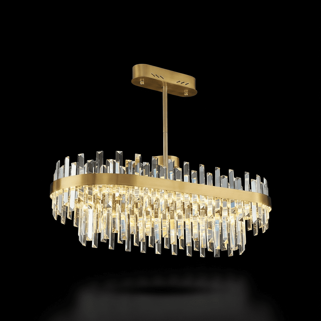 Lustre en cristal LED doré, forme ronde ovale, couleur de lumière réglable, pour salle à manger et salon, design moderne luxueux | Sansoti