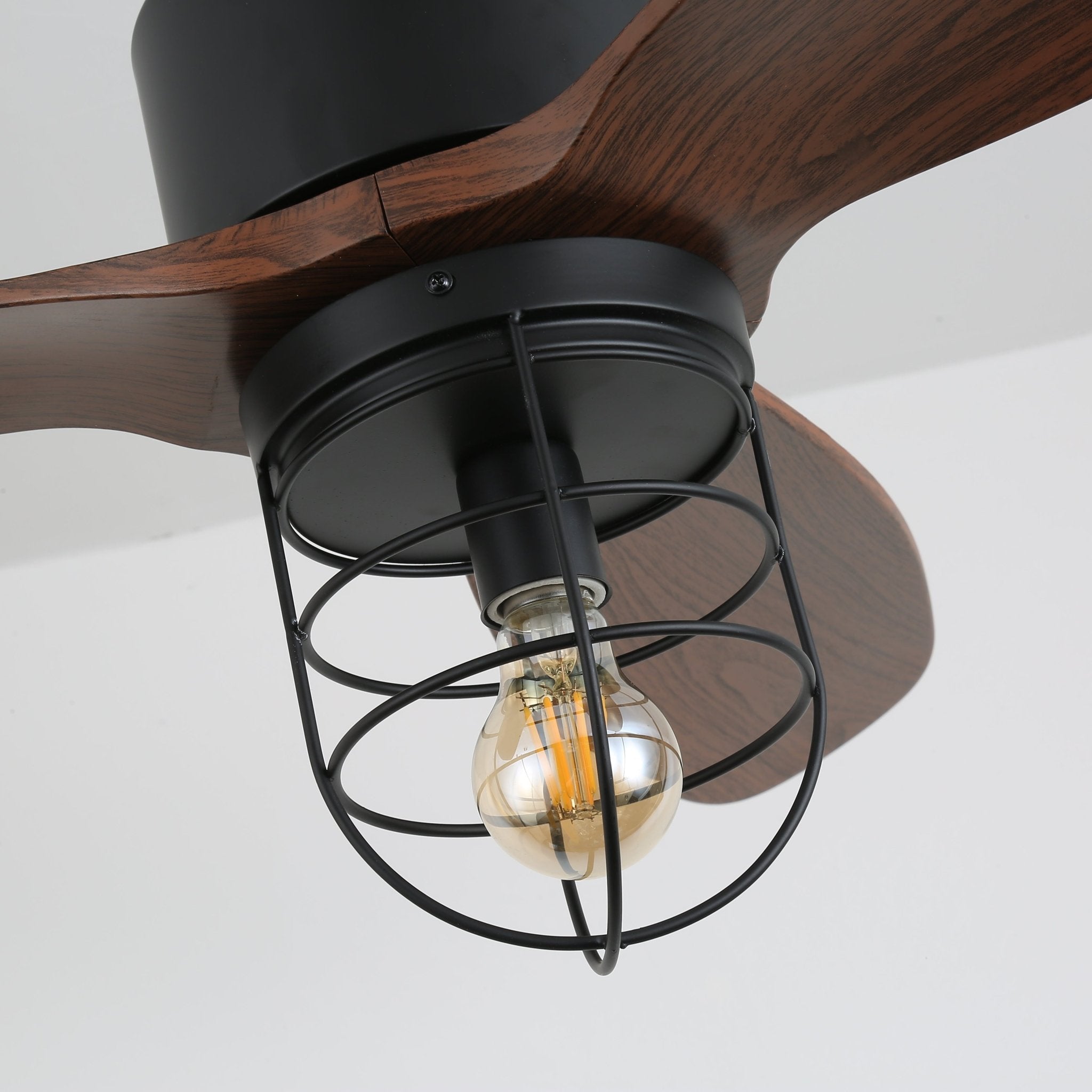 Ventilateur de plafond industriel avec éclairage Ø91cm – Cadre métallique – Abat-jour en verre – 6 vitesses – Télécommande – AC 110-240V – Noyer & noir | Sansoti