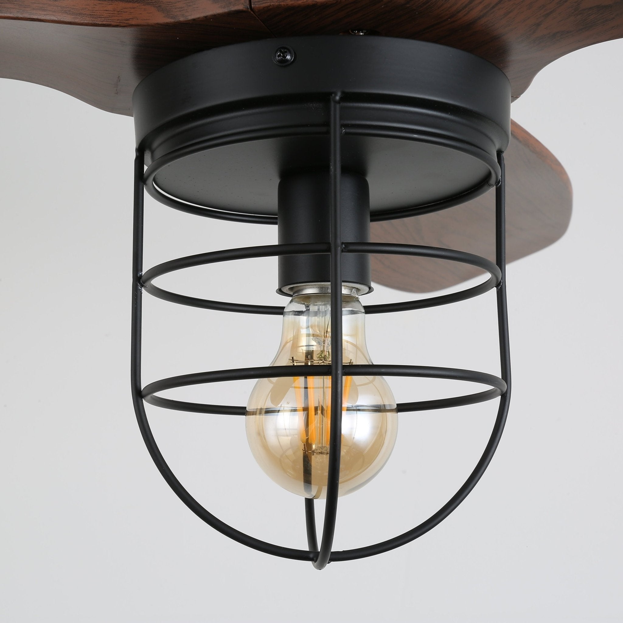 Ventilateur de plafond industriel avec éclairage Ø91cm – Cadre métallique – Abat-jour en verre – 6 vitesses – Télécommande – AC 110-240V – Noyer & noir | Sansoti