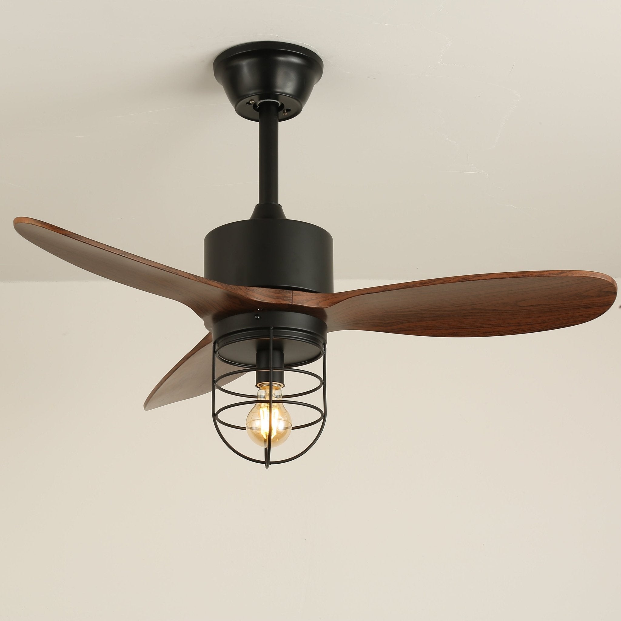 Ventilateur de plafond industriel avec éclairage Ø91cm – Cadre métallique – Abat-jour en verre – 6 vitesses – Télécommande – AC 110-240V – Noyer & noir | Sansoti