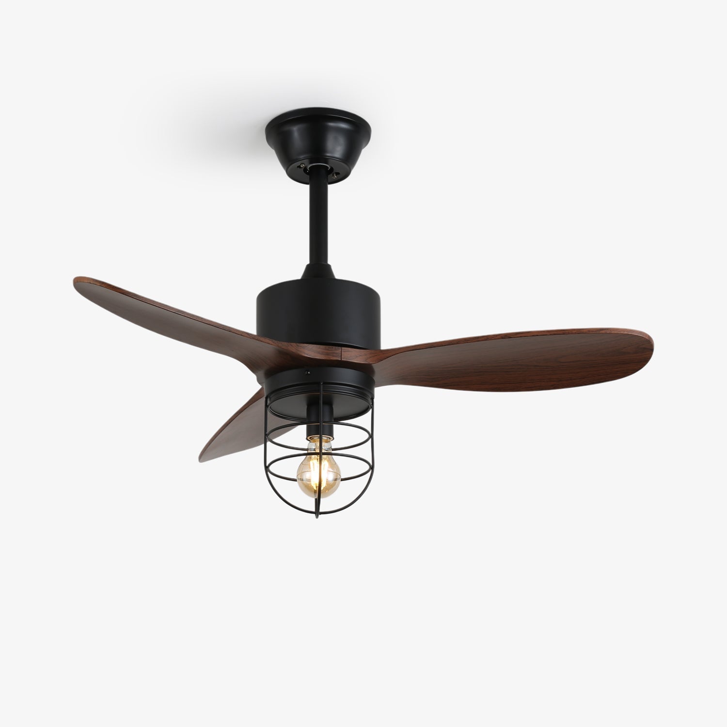 Ventilateur de plafond industriel avec éclairage Ø91cm – Cadre métallique – Abat-jour en verre – 6 vitesses – Télécommande – AC 110-240V – Noyer & noir | Sansoti