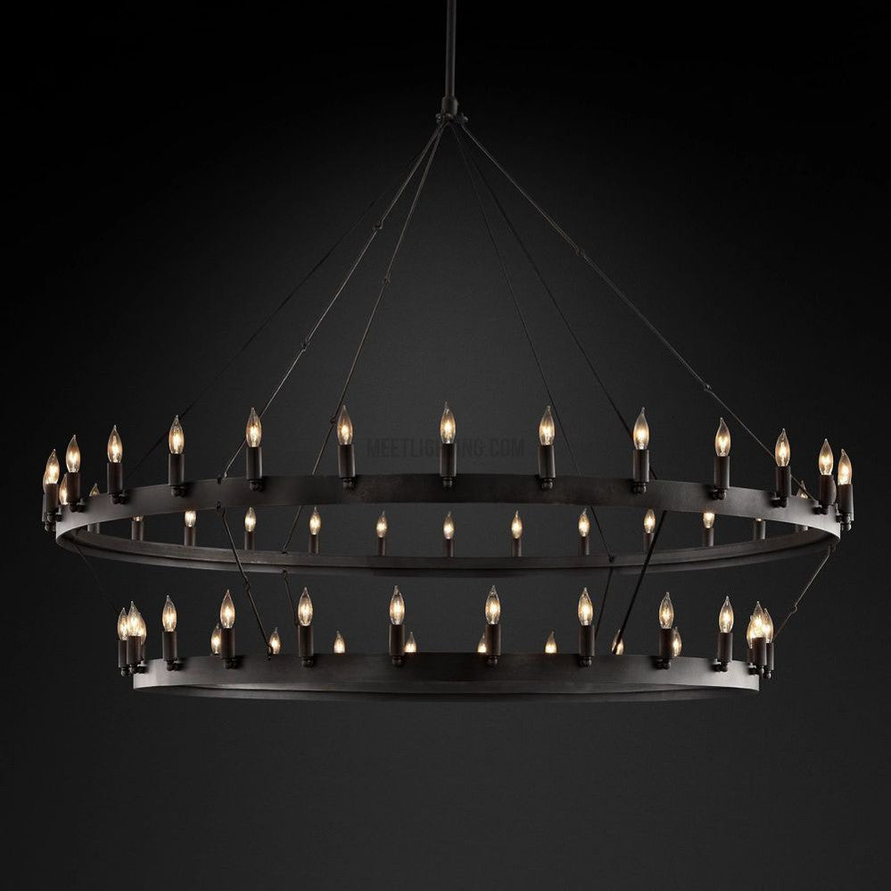 Lustre à deux niveaux en fer forgé à la main 30-66 LED en forme de bougies style vintage industriel pour table de salle à manger | Sansoti
