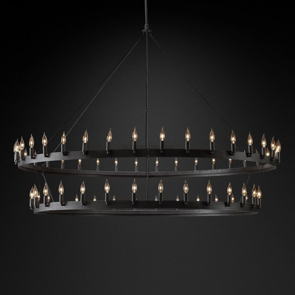 Lustre à deux niveaux en fer forgé à la main 30-66 LED en forme de bougies style vintage industriel pour table de salle à manger | Sansoti