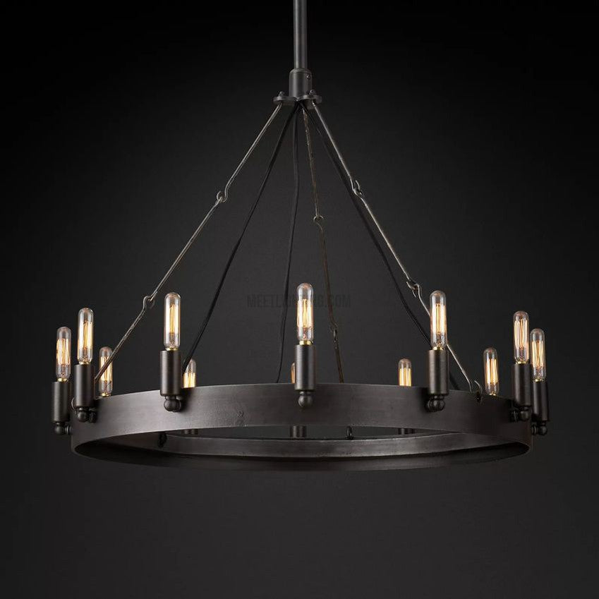 Lustre rond avec ampoules à filament vintage, en fer fait main, noir et doré, 26-73 cm, pour salle à manger et salon | Sansoti