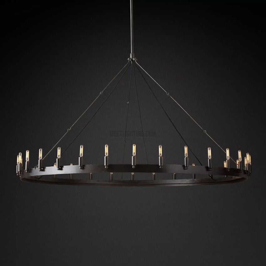Lustre rond avec ampoules à filament vintage, en fer fait main, noir et doré, 26-73 cm, pour salle à manger et salon | Sansoti