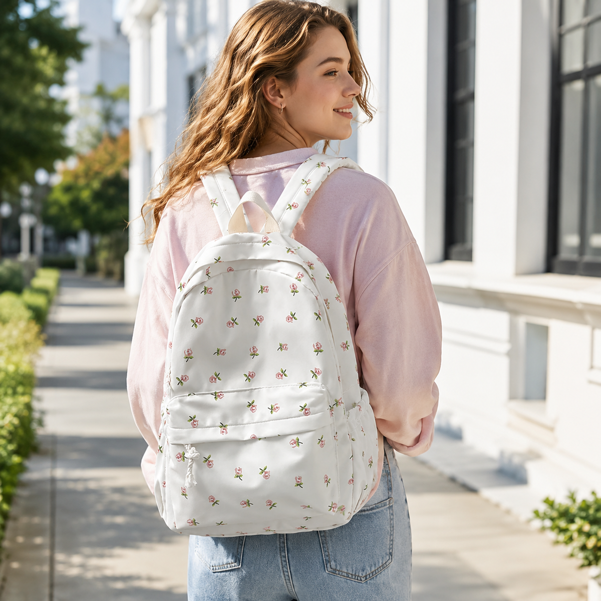 School Backpack with Floral Print Padded Shoulder Straps for Daily Use Studying Travel Laptop | Sansoti