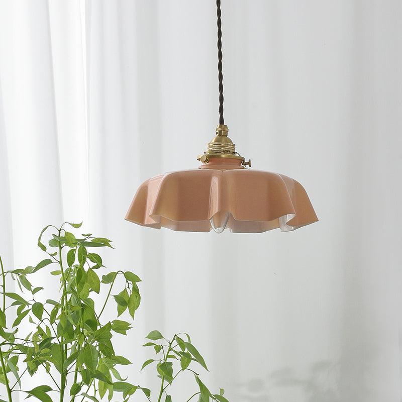 Geplooide Glazen Hanglamp met Messing Armatuur — Vintage Franse Stijl in Wit, Beige, Roze of Blauw — Verstelbare Kabel 150 cm | Sansoti