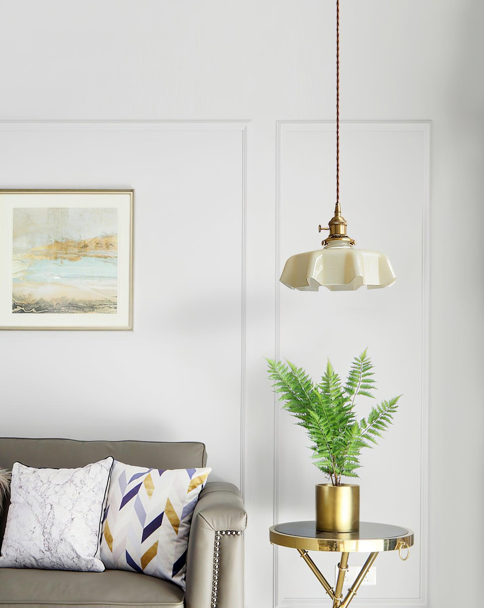 Geplooide Glazen Hanglamp met Messing Armatuur — Vintage Franse Stijl in Wit, Beige, Roze of Blauw — Verstelbare Kabel 150 cm | Sansoti