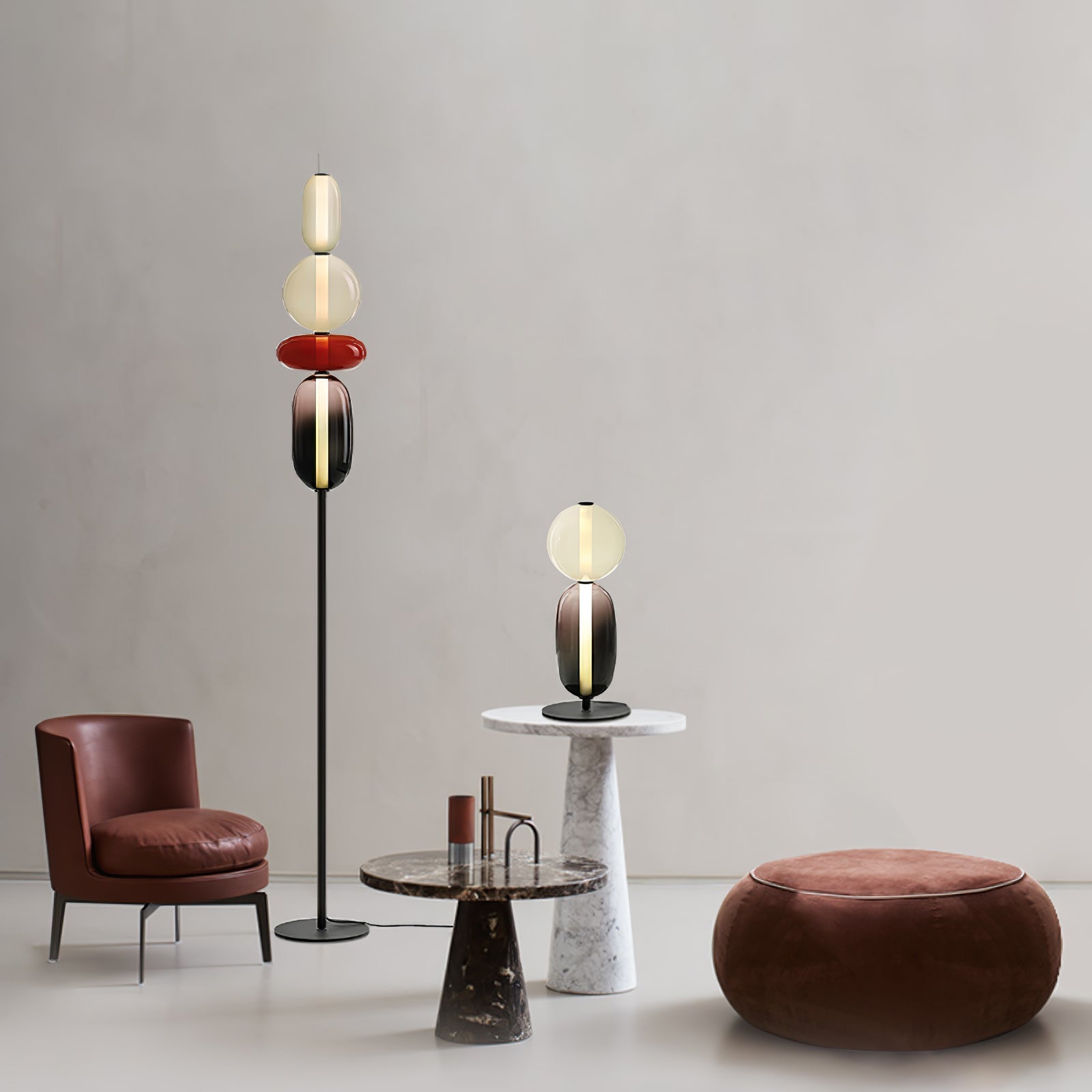 Handgeblazen Glazen Vloerlamp met Artistieke Glasclusters – Decoratief Stijlicoon met Geïntegreerde LED – Verkrijgbaar in Twee Hoogtes | Sansoti