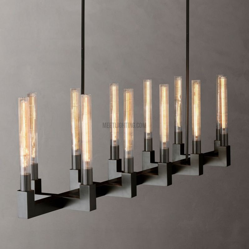 Linearer Kronleuchter Messing 170 cm mit geripptem Glas 12 Lichtquellen für Esszimmer Restaurant Küche | Sansoti