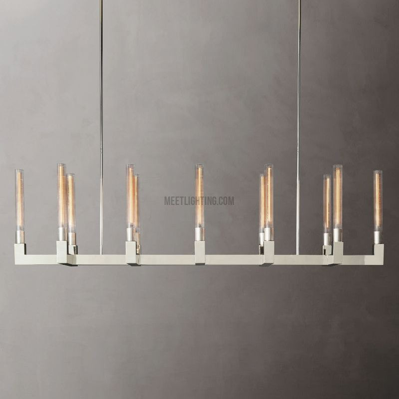 Linearer Kronleuchter Messing 170 cm mit geripptem Glas 12 Lichtquellen für Esszimmer Restaurant Küche | Sansoti