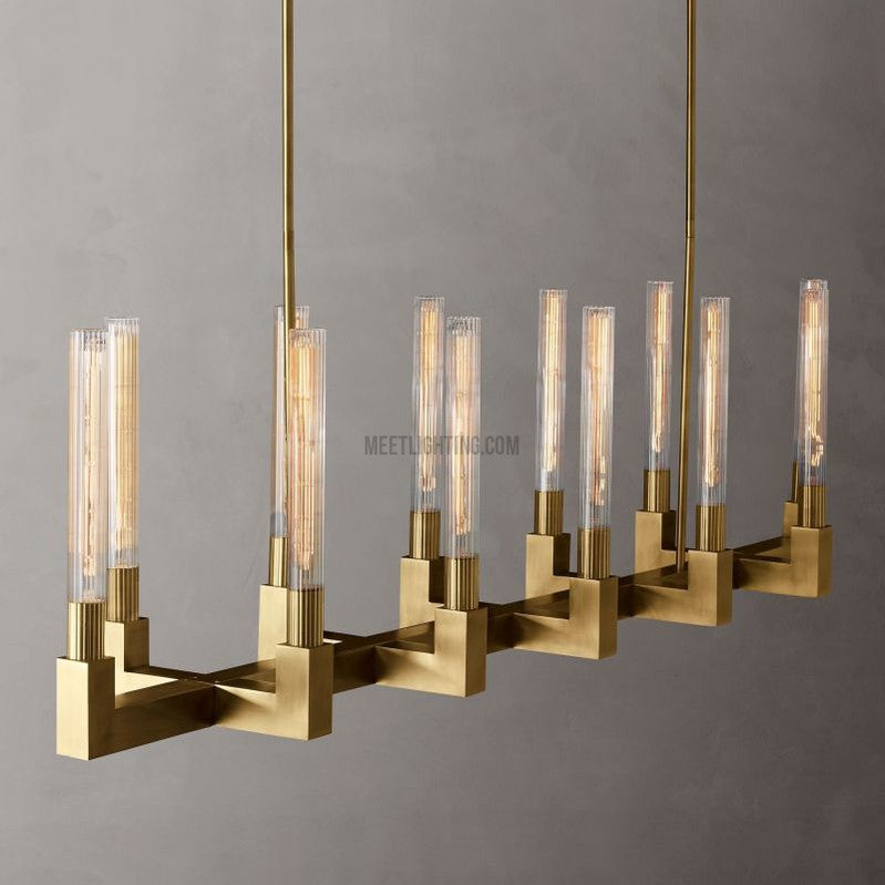 Linearer Kronleuchter Messing 170 cm mit geripptem Glas 12 Lichtquellen für Esszimmer Restaurant Küche | Sansoti