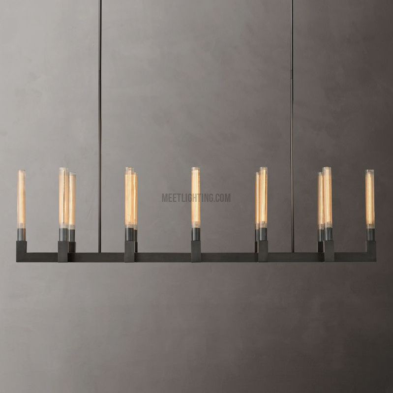 Linearer Kronleuchter Messing 170 cm mit geripptem Glas 12 Lichtquellen für Esszimmer Restaurant Küche | Sansoti