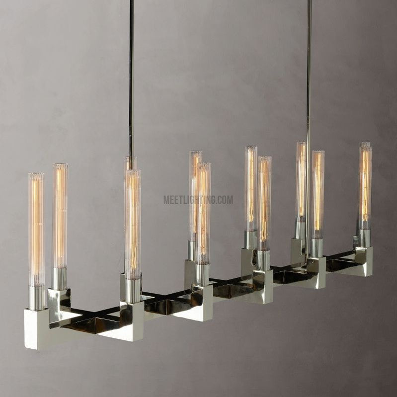 Linearer Kronleuchter Messing 170 cm mit geripptem Glas 12 Lichtquellen für Esszimmer Restaurant Küche | Sansoti