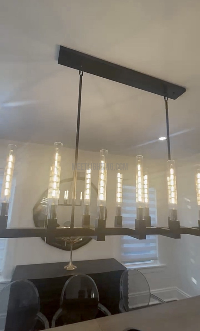 Linearer Kronleuchter Messing 170 cm mit geripptem Glas 12 Lichtquellen für Esszimmer Restaurant Küche | Sansoti