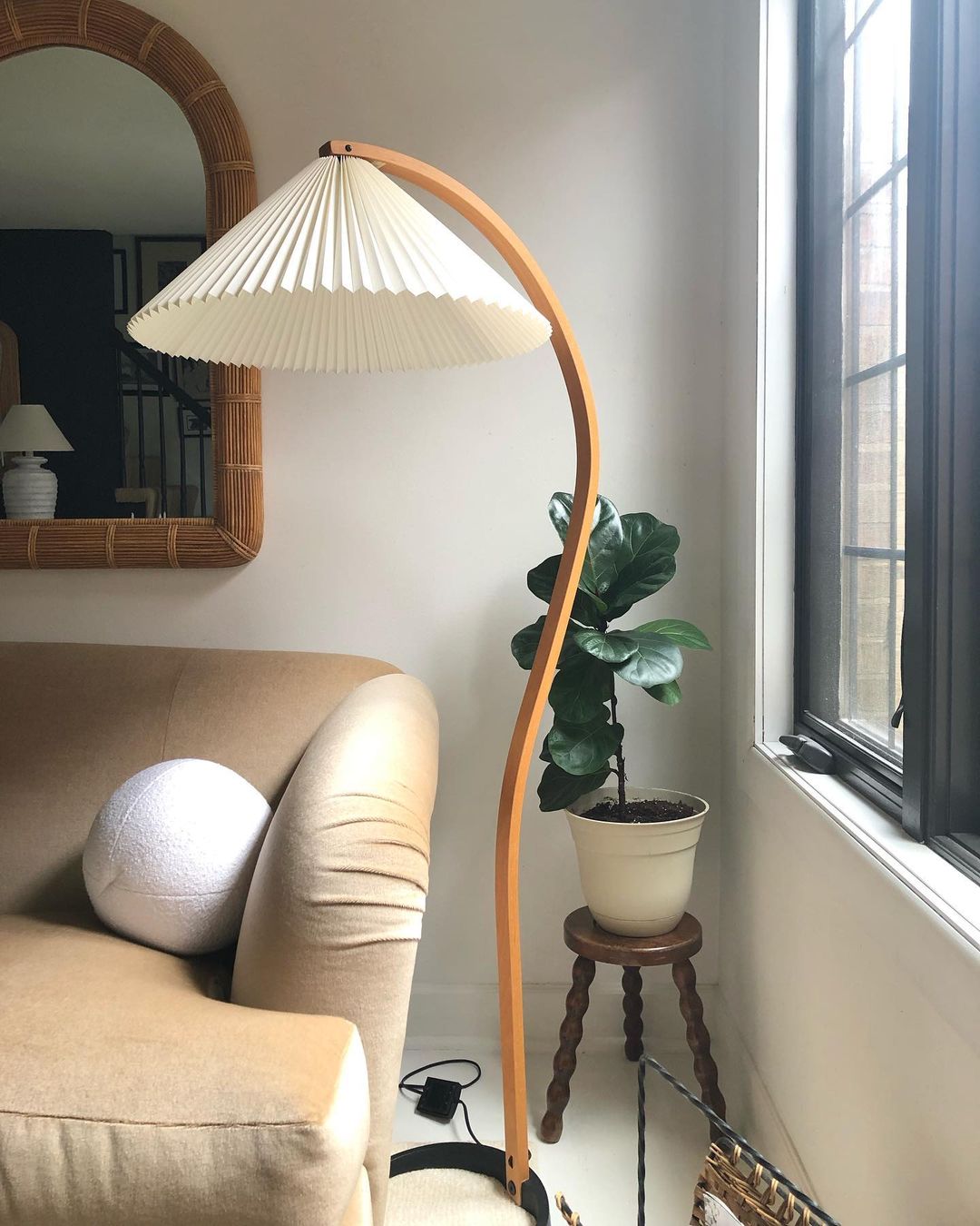 Lampadaire Arche Bois de Hêtre Abat-jour Lin Rétro Salon | Restfield