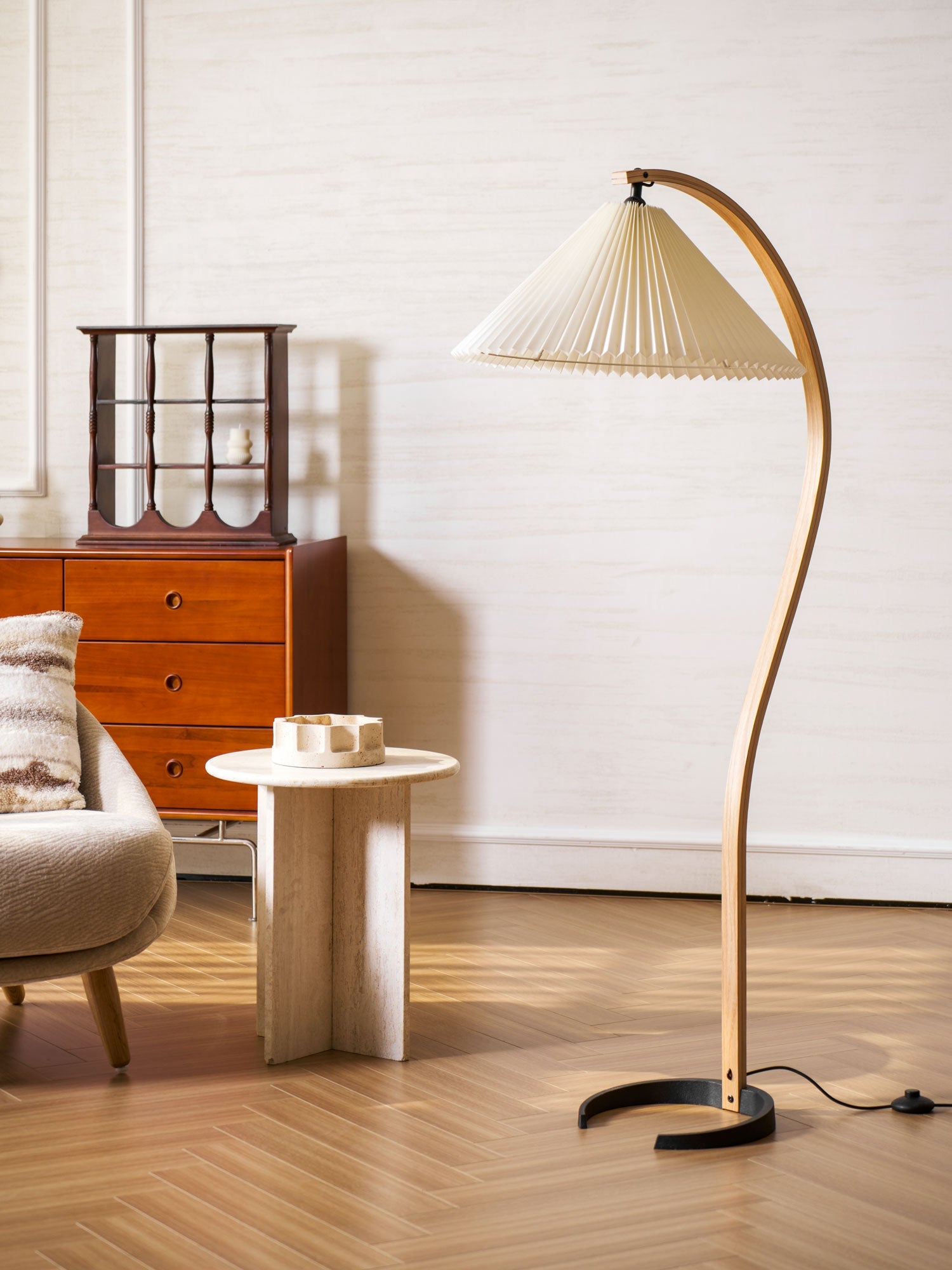 Lampadaire Arche Bois de Hêtre Abat-jour Lin Rétro Salon | Restfield