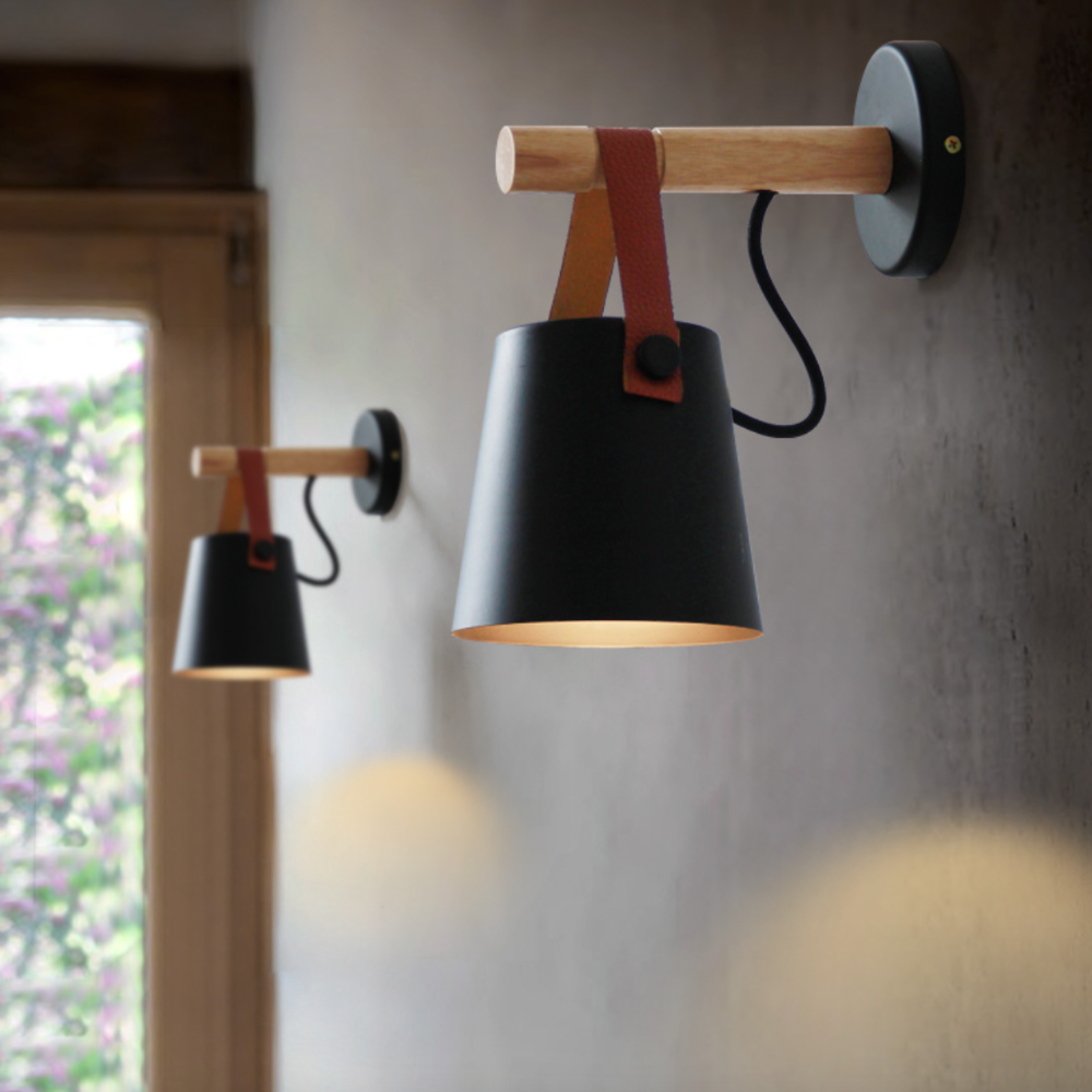 Skandinavische Holz-Wandleuchte mit Metallschirm und Lederband Moderne Design Wandbeleuchtung für Schlafzimmer Wohnzimmer Flur mit E27 Fassung | Restfield