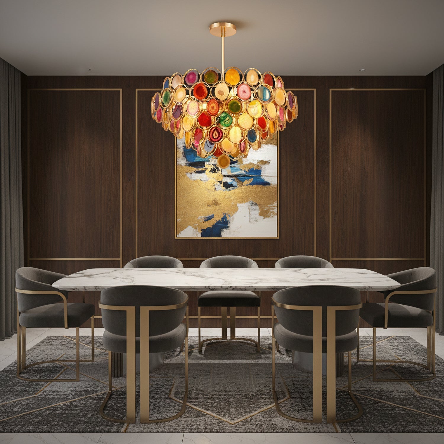 Agaat Kroonluchter – Natuursteen Hanglamp met Goudkleurige Montage – Echt Braziliaans Agaat Verlicht | Sansoti