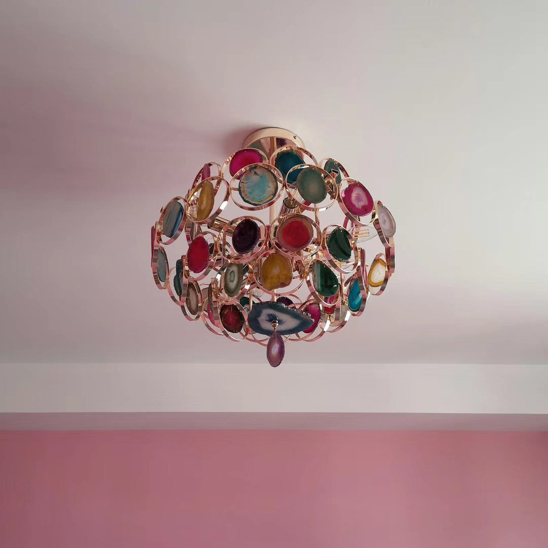 Agaat Kroonluchter – Natuursteen Hanglamp met Goudkleurige Montage – Echt Braziliaans Agaat Verlicht | Sansoti