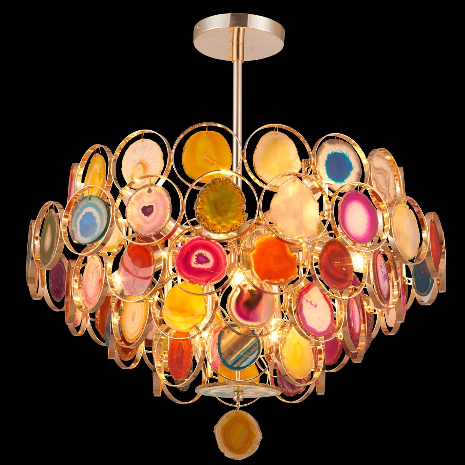 Agaat Kroonluchter – Natuursteen Hanglamp met Goudkleurige Montage – Echt Braziliaans Agaat Verlicht | Sansoti