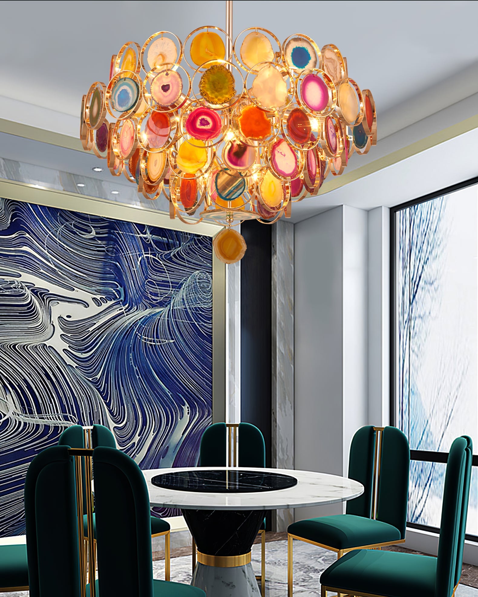 Agaat Kroonluchter – Natuursteen Hanglamp met Goudkleurige Montage – Echt Braziliaans Agaat Verlicht | Sansoti