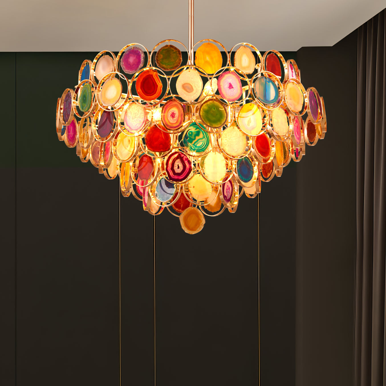 Agaat Kroonluchter – Natuursteen Hanglamp met Goudkleurige Montage – Echt Braziliaans Agaat Verlicht | Sansoti