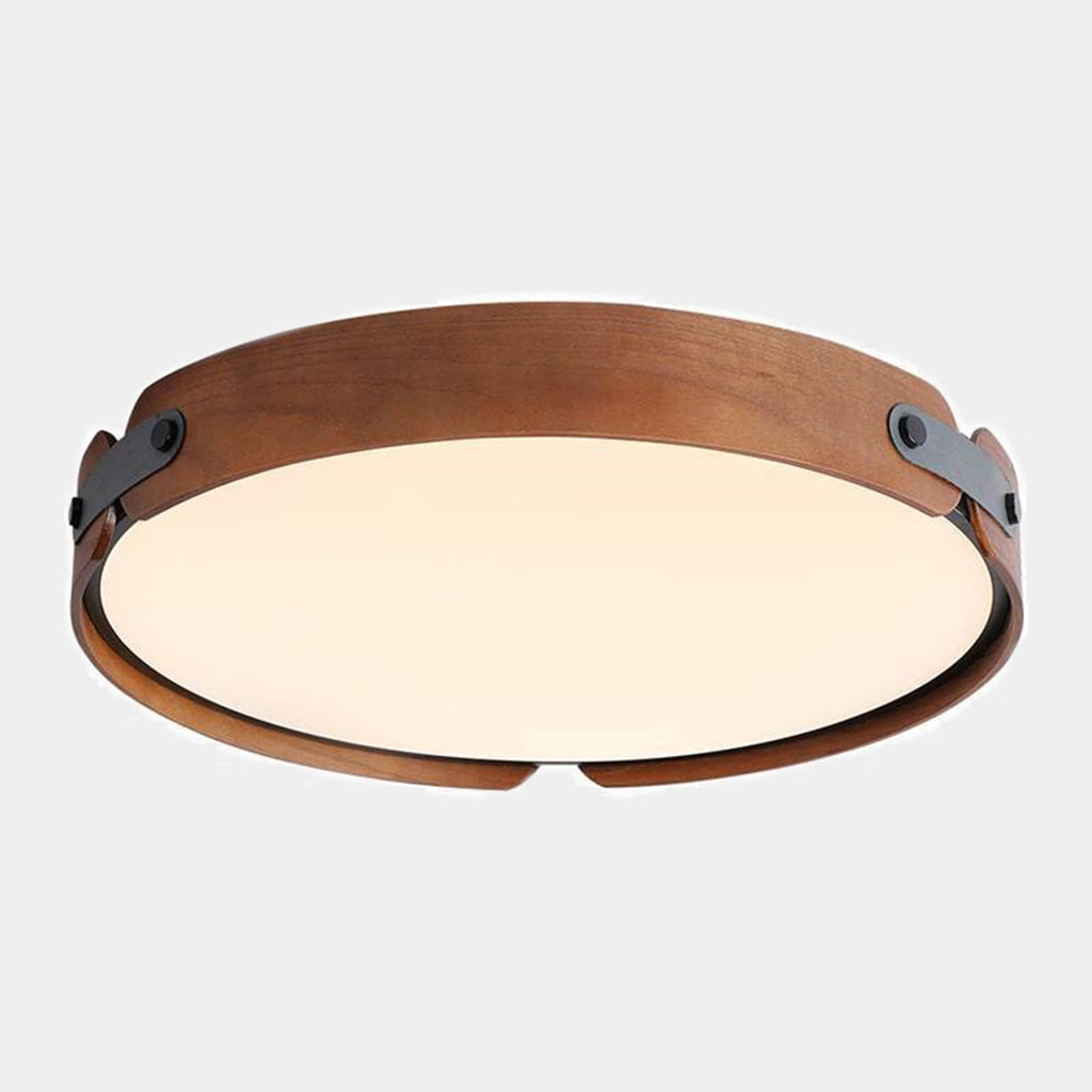Runde Deckenleuchte aus Holz und Leder, dimmbare LED-Beleuchtung mit Fernbedienung, drei Farben, modernes Design | Sansoti