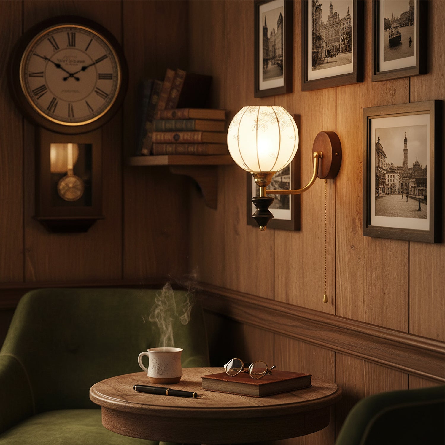 Vintage Wandlamp met Houten Arm en Stoffen Kap – Retro Verlichting met Trekschakelaar | Sansoti