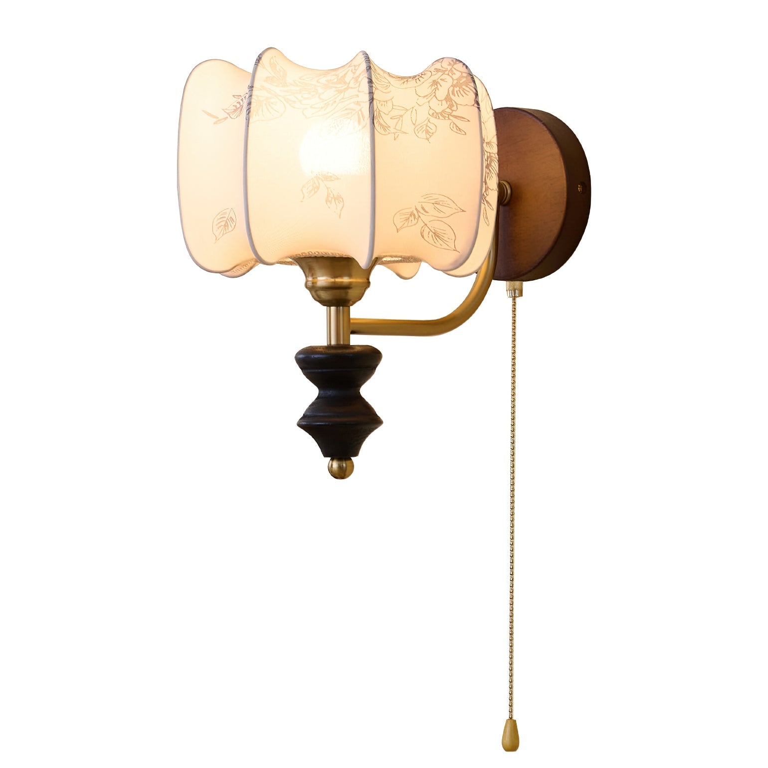 Vintage Wandlamp met Houten Arm en Stoffen Kap – Retro Verlichting met Trekschakelaar | Sansoti