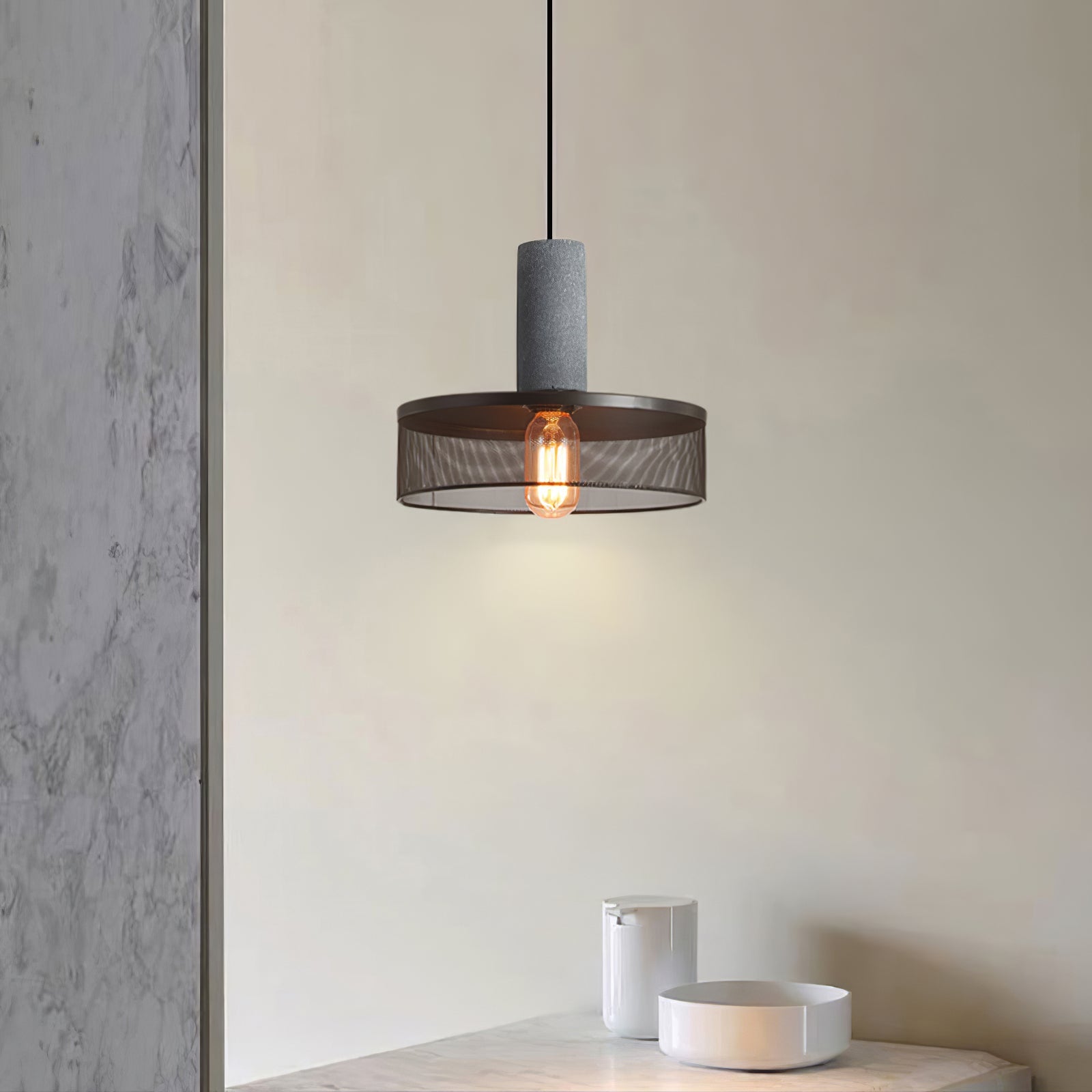 Industriële Hanglamp met Cement & Zwart Mesh — 6 Vormen | Sansoti