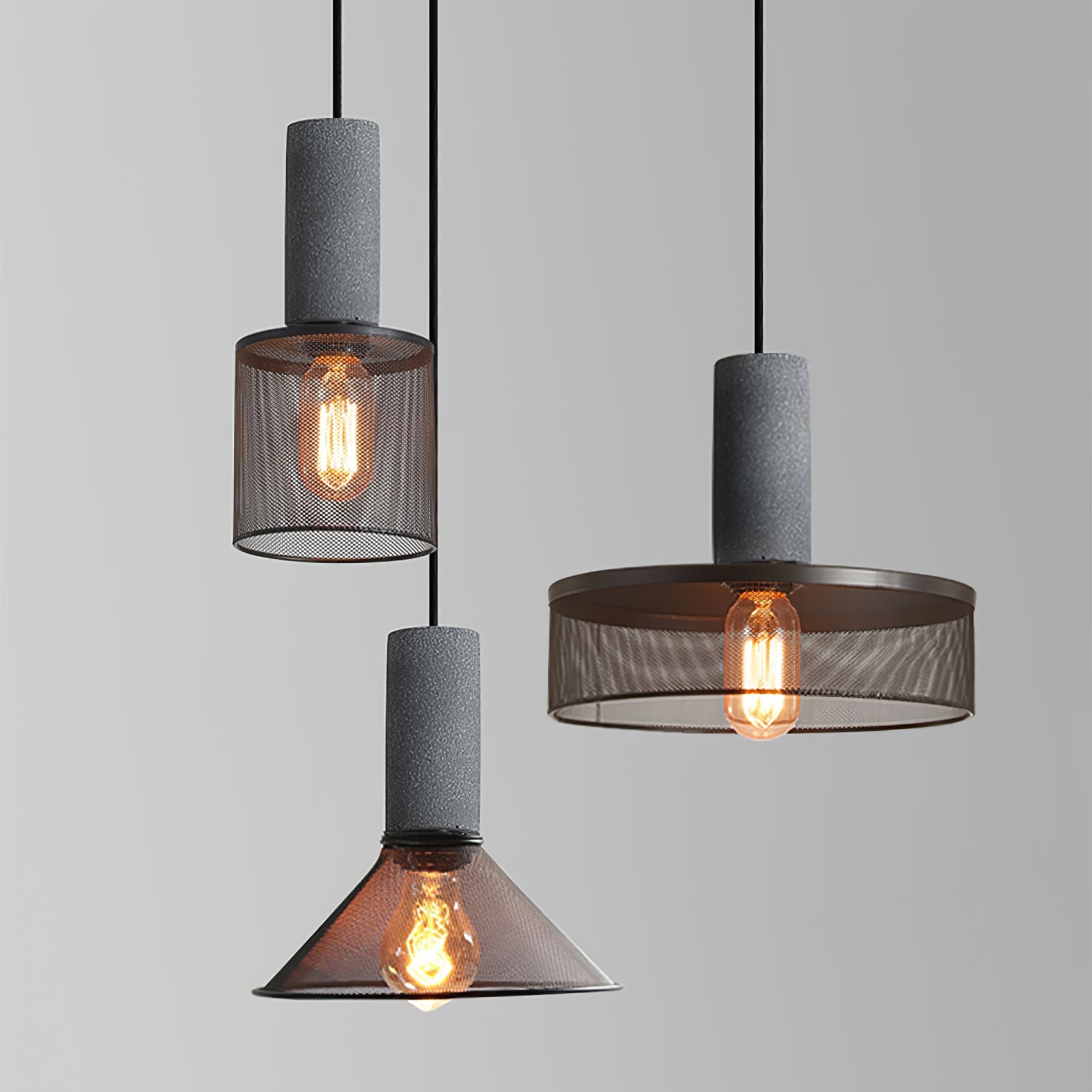 Industriële Hanglamp met Cement & Zwart Mesh — 6 Vormen | Sansoti
