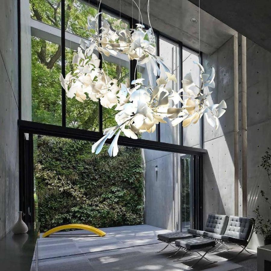 Kroonluchter Keramiek Ginkgo Bladeren Lineair Design Hanglamp Eetkamer Woonkamer Porselein Messing Verlichting | Sansoti