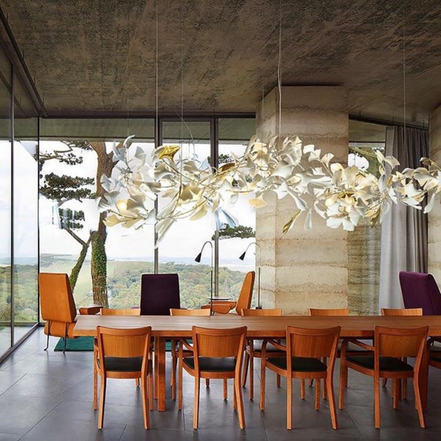 Kroonluchter Keramiek Ginkgo Bladeren Lineair Design Hanglamp Eetkamer Woonkamer Porselein Messing Verlichting | Sansoti